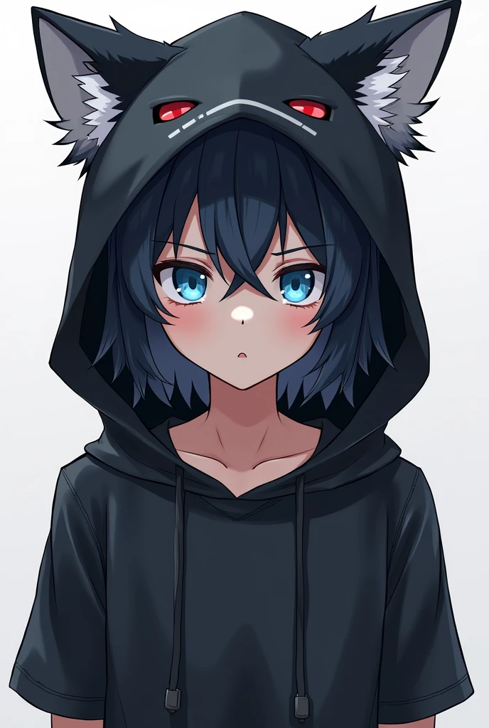  Could you design a male character in anime style with the name Shadow FOX? I would like the character to wear a t-shirt with a hood that resembles the head of a black fox.. The hood must have black fur, with white mouth and blue eyes, imitating the design of a fox. besides, The character should have medium dark hair 