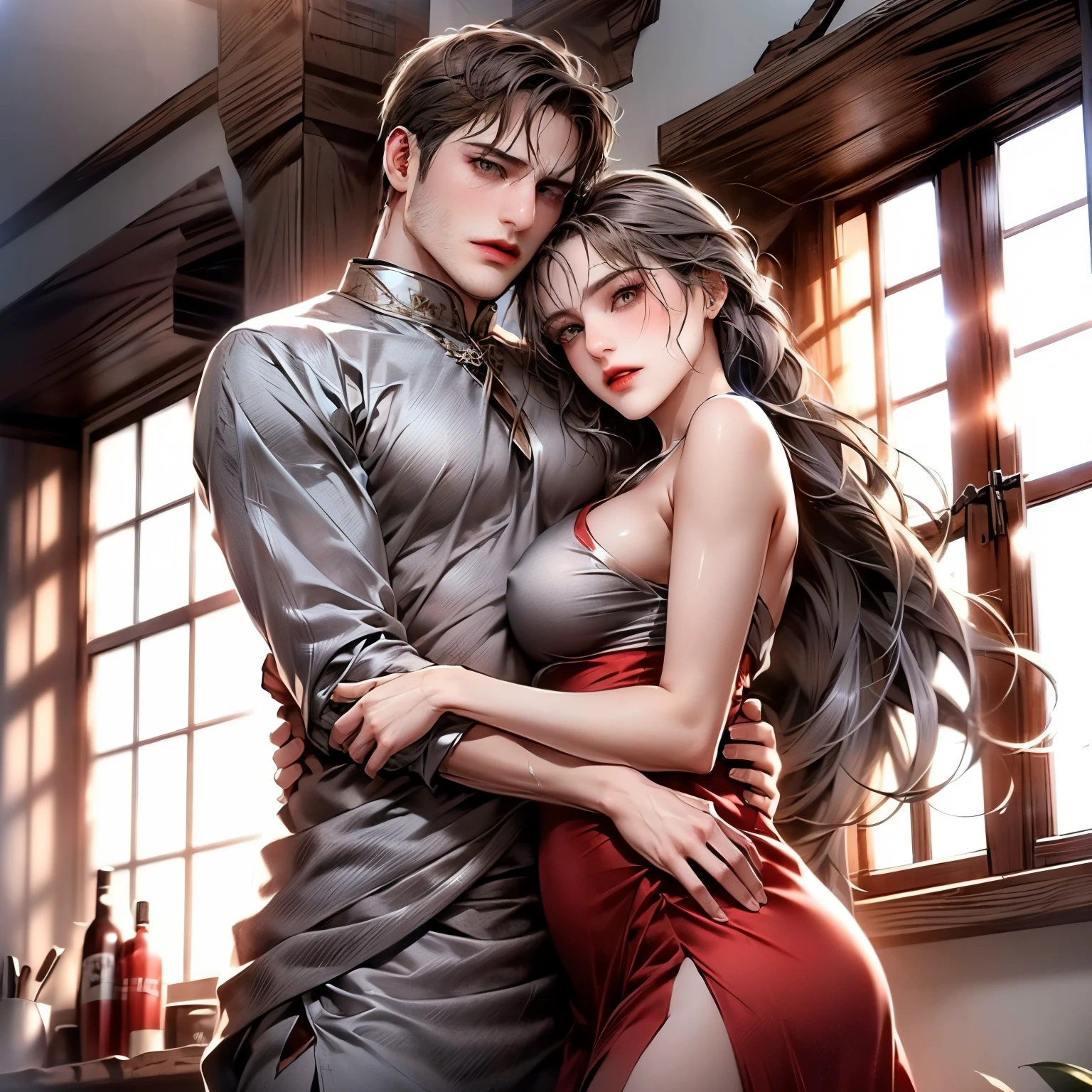(masterpiece), (5K), (best quality), 2d Couple, ((a young gray hair couple)), ((a gray hair woman , pushed back locks, sharp eyes, slit_ pupils, pale eyes, small boobs, red dress)), brown eyes, ultra well detailed eyes, ((a gray hair guy, white royal clothes)), a passionate hug