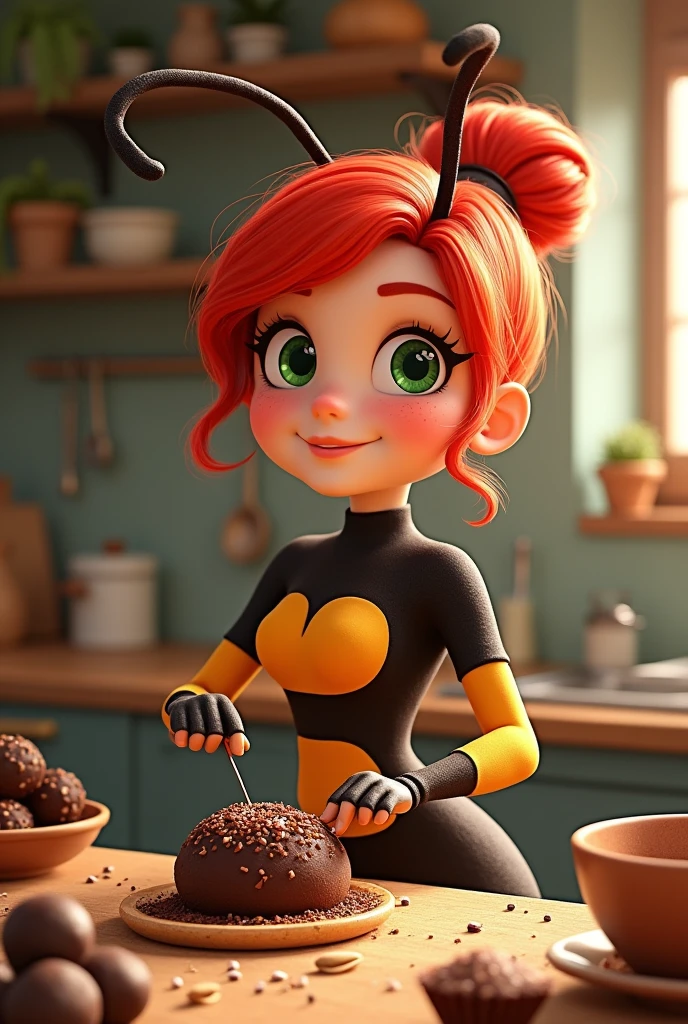 friendly confectioner with red hair and green eyes, dressed as an ant making brigadeiro 