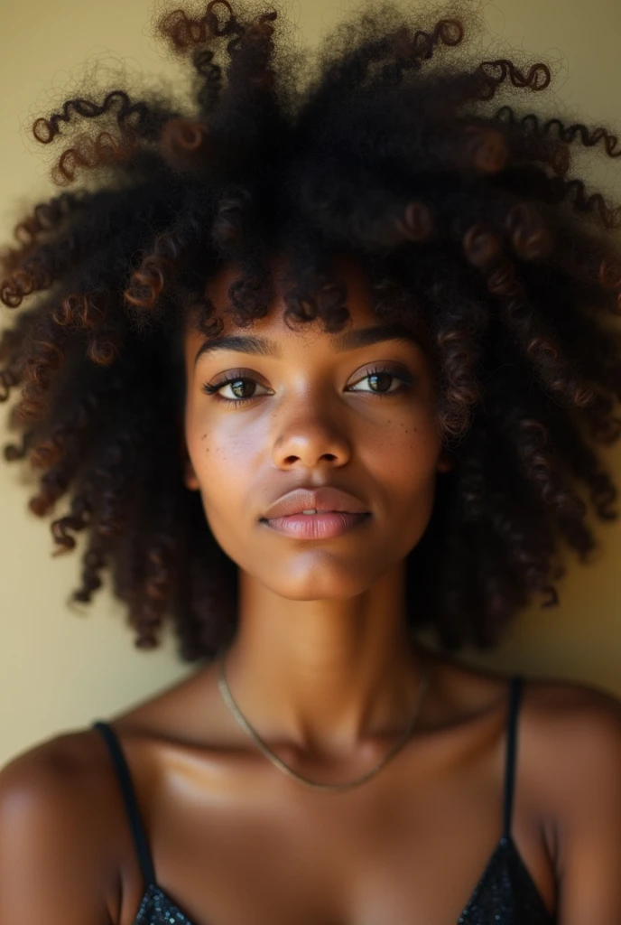 Une fille d’environ 27 ans cheveux frisés type Afro avec des origines suisse et sénégalaise (métissée) mesurant environ 1m80 et pesant environ 79 kg. 
Ajoute des taches de rousseurs légèrement apparentes , une frange et des cheveux plus long que les épaules,
