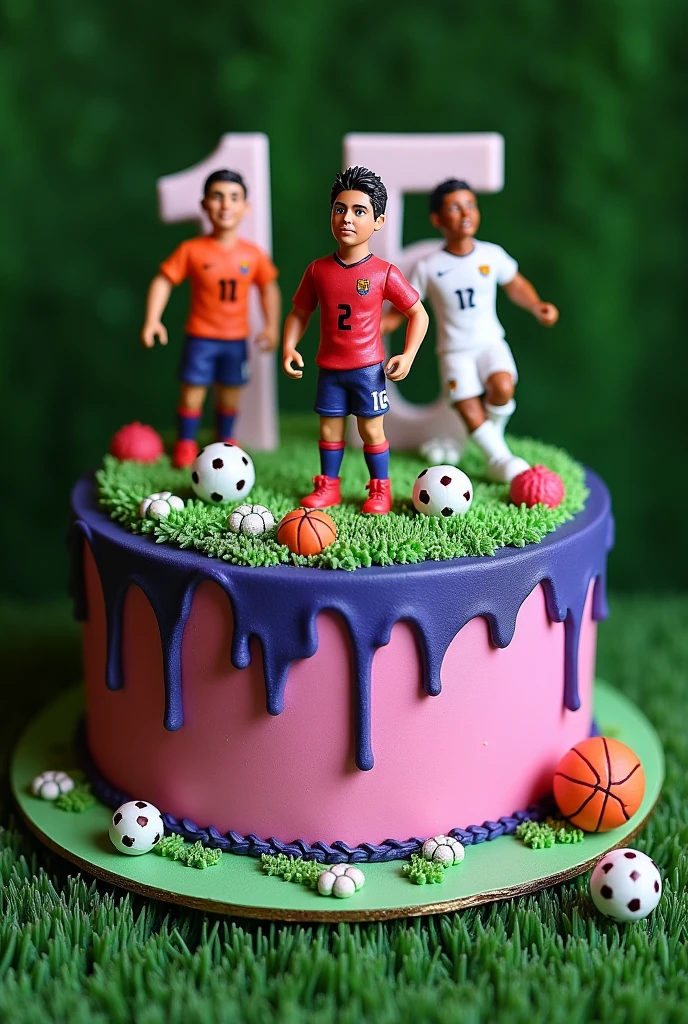 Simple one-tier 15th birthday cake with a football theme, that includes figures of Neymar, Vinicius Jr., Cristiano Ronaldo, that is purple or pink 
