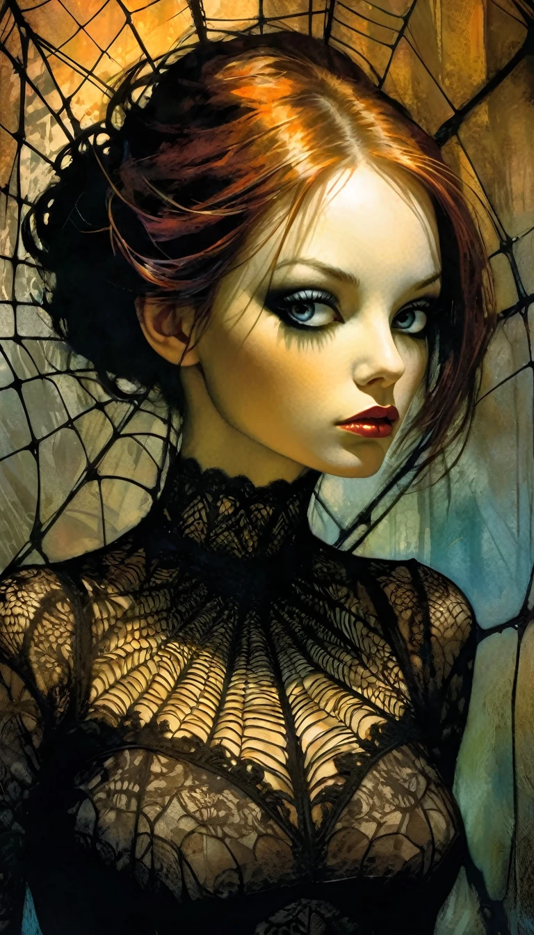 very sexy girl trapped in a spider web made with lace fabrics,(best quality, 4k, 8k, high resolution, masterpiece: 1.2), ultra-detailed, (realistic, photorealistic, photorealistic: 1.37), details intricate, vivid colors, sharp focus, professional, Dave McKean artwork, surrealism oil touch, oil painting style, portrait, woman, beautiful detailed eyes, beautiful detailed lips, dreamy atmosphere, shadow play, lighting soft, fun pose, dark tones, ethereal background, fantasy elements, texture, layered composition. art inspired by Bill Sienkiewicz and Dave McKean