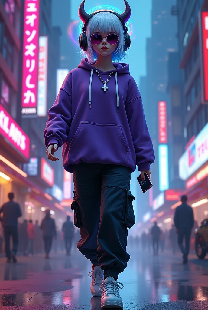 demon girl, rainbow colored halo,white and blue hair ,silver cross necklace,Sunglasses, purple sweatshirt, black cargo pants,WHITE TENNIS, helmet headphones, holding her cell phone, walking through a big city at night