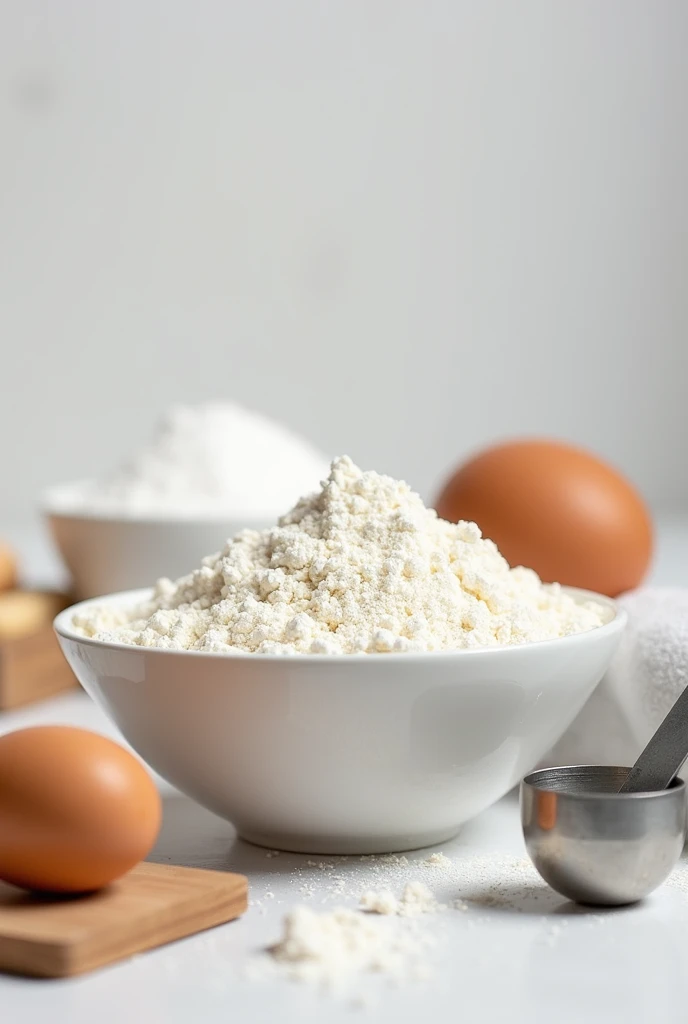 A close-up of a bowl of flour, a measuring spoon and other basic ingredients such as sugar and eggs. The image conveys simplicity and focus on the essentials..