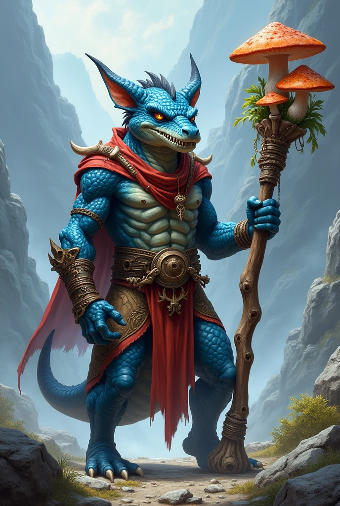 Create an RPG character, he is a kobold druid. Its scales are blue, the background resembles a mountain.
Make the character more humanoid and equip him with druid clothes.
Make him with his staff in hand Make the staff more magical He is a druid who enchants animals His appearance should be similar to a dragon He is small but fierce He has no wings His staff resembles polished wood Make him fierce He is a little taller His staff is made of ancient wood His scales have some touches of red Mushrooms grow from his staff His head resembles a crocodile His staff is magical and decorated with bones It has fangs