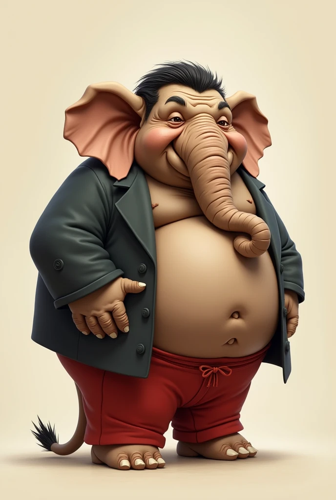 Generates a very fat and very obese anthropomorphic brown elephant with a huge butt, He has medium black hair, He wears a red suit but with red Mawashi pants