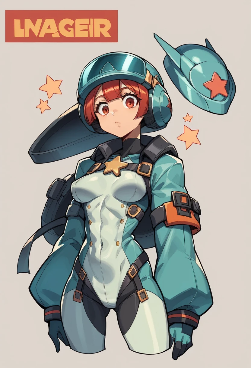 Armure/guilty Gear style, concept sheet, young woman, athletic, with high-tech suit black and red touch futuristic combi, female super soldier, space forces, emblem on the chest a Star ,she wears a helmet with a black visor,face hidden by his helmet