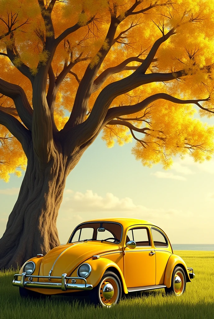 Yellow Volkswagen Beetle under a yellow ipê tree with grass underneath