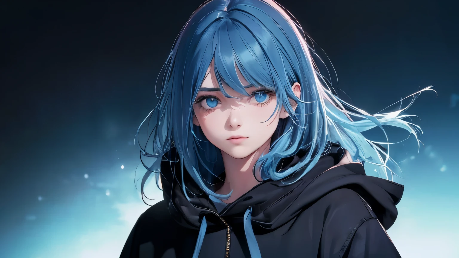 (Highest quality, 4K, 8k, Tabletop:1.2, Ultra-high resolution, Realistic:1.5), RAW Photos, One Girl, In the Dark, Deep Shadow, Low lighting, Cool tones, Long Hair, Tied Hair, Subtle highlights, Dramatic contrast, (Dynamic Angle), ((1 female teen)), ((Plain background)), ((Flat Color)), (Dress code: Omotesando street fashion), (jeans), Looking at the audience, Upper Body, Transparent Background, High Contrast, Contrasting colors, Cowboy Shot, Pale pink and blue lighting, Light blue hair, Small star-shaped earrings in both ears, watch, bright eyeshadow, R-18, The upper body is wearing a hoodie, (Wearing a hood), (Hair is not sticking out from the hood), (No hair sticking out of the hood), Harajuku Fashion