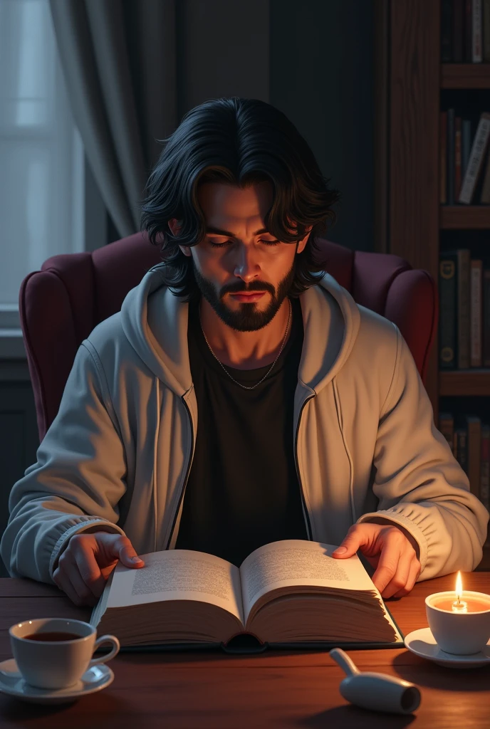 A boy is sitting a chair and reading a story book and there is a cup of tea and a lighted candle on a table in front of him, and he is 18 year, he has medium beard and there body black t'shirt and white jacket there hair is a long