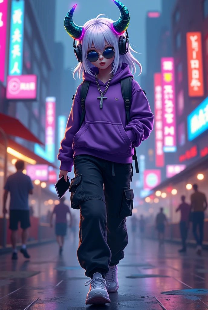 demon girl, rainbow colored halo,white and blue hair ,silver cross necklace,Sunglasses, purple sweatshirt, black cargo pants,WHITE TENNIS, helmet headphones, holding her cell phone, walking through a big city at night