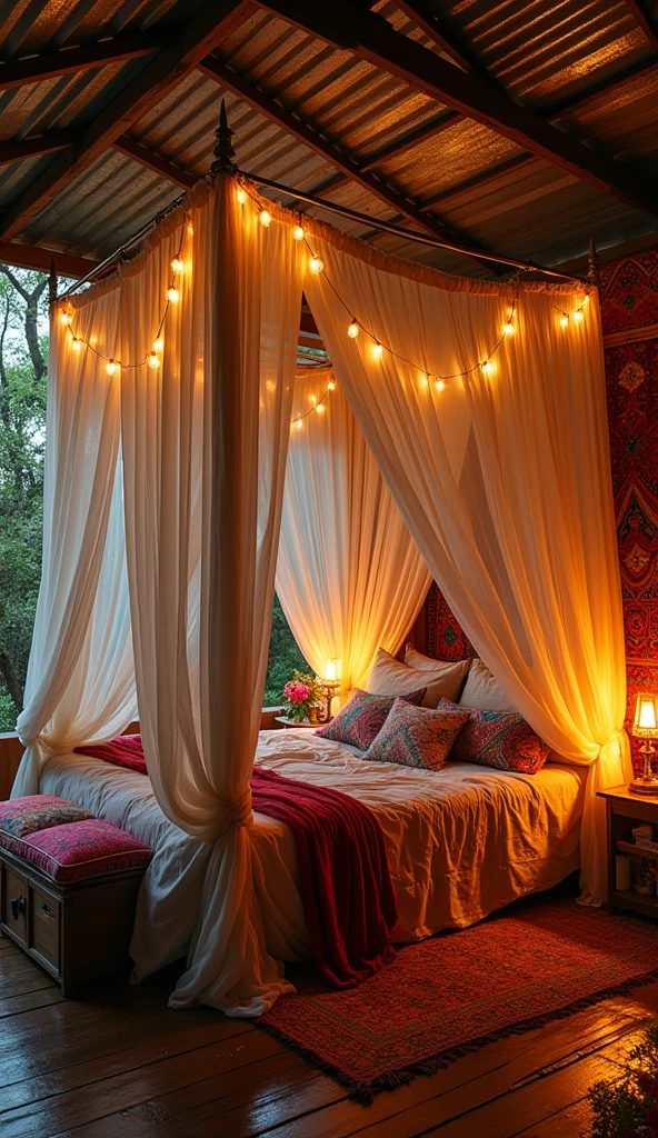 "A bohemian-style bedroom with vibrant tapestries, a canopy bed draped in sheer fabrics, and an assortment of colorful pillows. The rain outside creates a rhythmic sound as it falls on the tin roof, while the room is softly illuminated by string lights and candles, casting a warm, inviting glow that contrasts with the cool, damp weather outside."