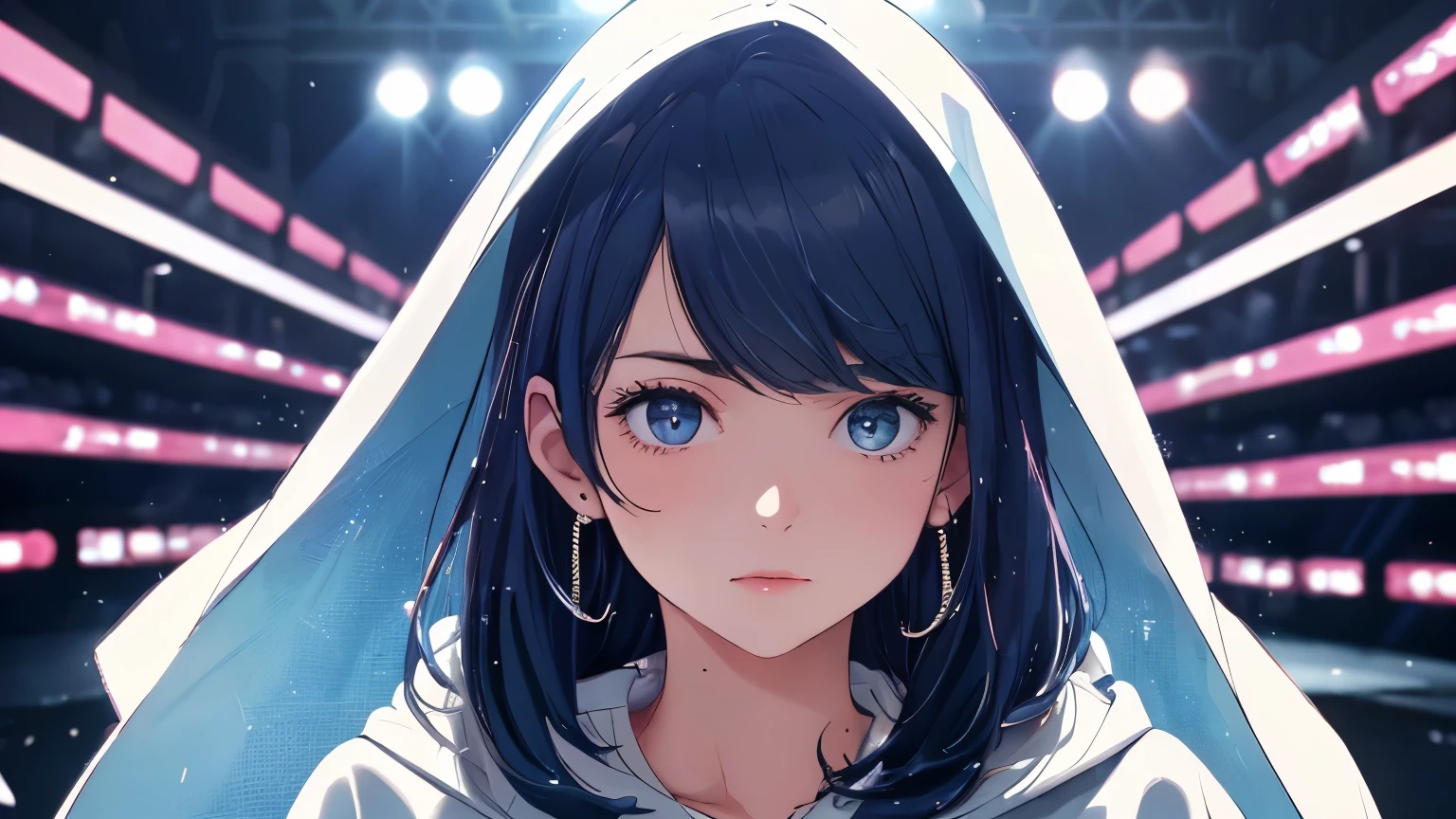 (Highest quality, 4K, 8k, Tabletop:1.2, Ultra-high resolution, Realistic:1.5), RAW Photos, One Girl, In the Dark, Deep Shadow, Low lighting, Cool tones, Long Hair, Tied Hair, Subtle highlights, Dramatic contrast, (Dynamic Angle), ((1 female teen)), ((Plain background)), ((Flat Color)), (Dress code: Omotesando street fashion), (jeans), Looking at the audience, Upper Body, Transparent Background, High Contrast, Contrasting colors, Cowboy Shot, Pale pink and blue lighting, Light blue hair, Small star-shaped earrings in both ears, watch, bright eyeshadow, R-18, The upper body is wearing a hoodie, (Wearing a hood), (Hair is not sticking out from the hood), (No hair sticking out of the hood), Harajuku Fashion