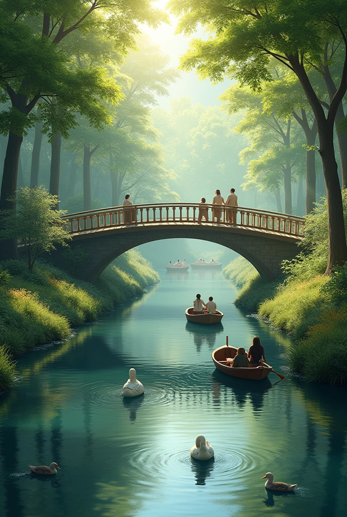 A wooden bridge, ducks and people travel by boat in the midst of green nature