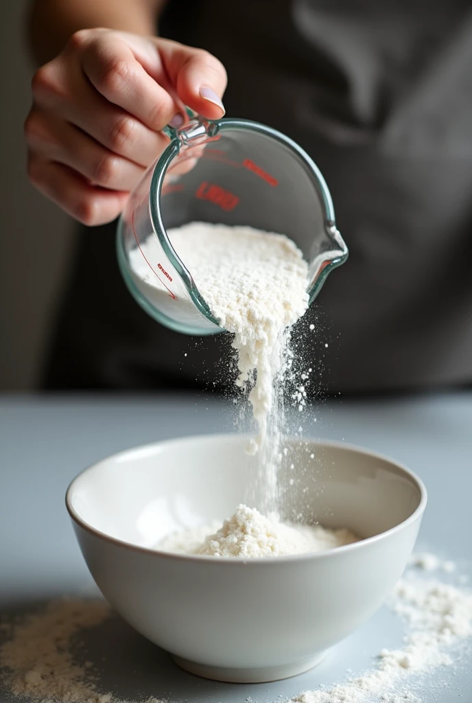 Hand holding a measuring cup, pouring flour into a bowl. The image emphasizes precision, with the background out of focus to focus attention on the action.


