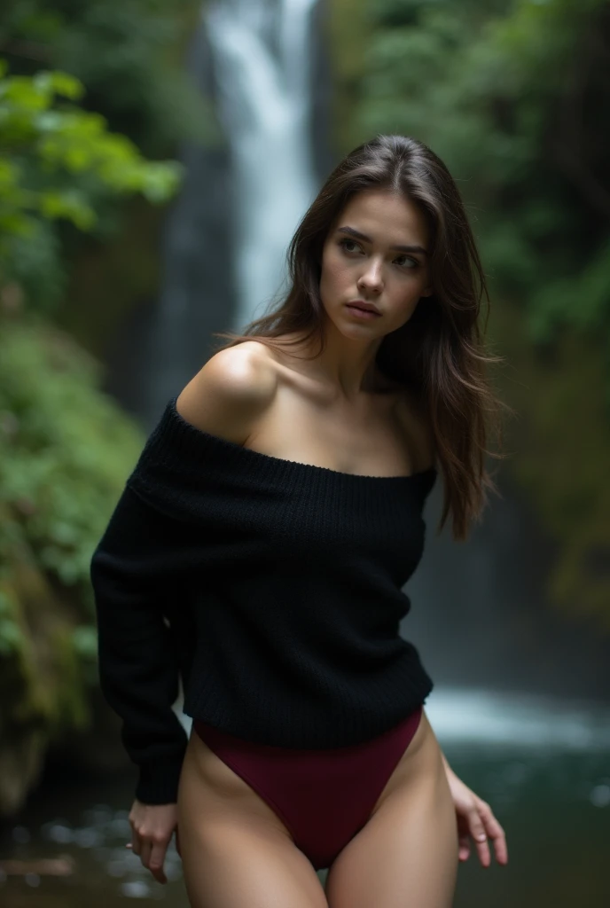((best quality)), ((masterpiece)), (detailed), 1girl, black off-shoulder sweater, bent down, 3/4 shot, burgundy silk lingerie, forest, waterfall