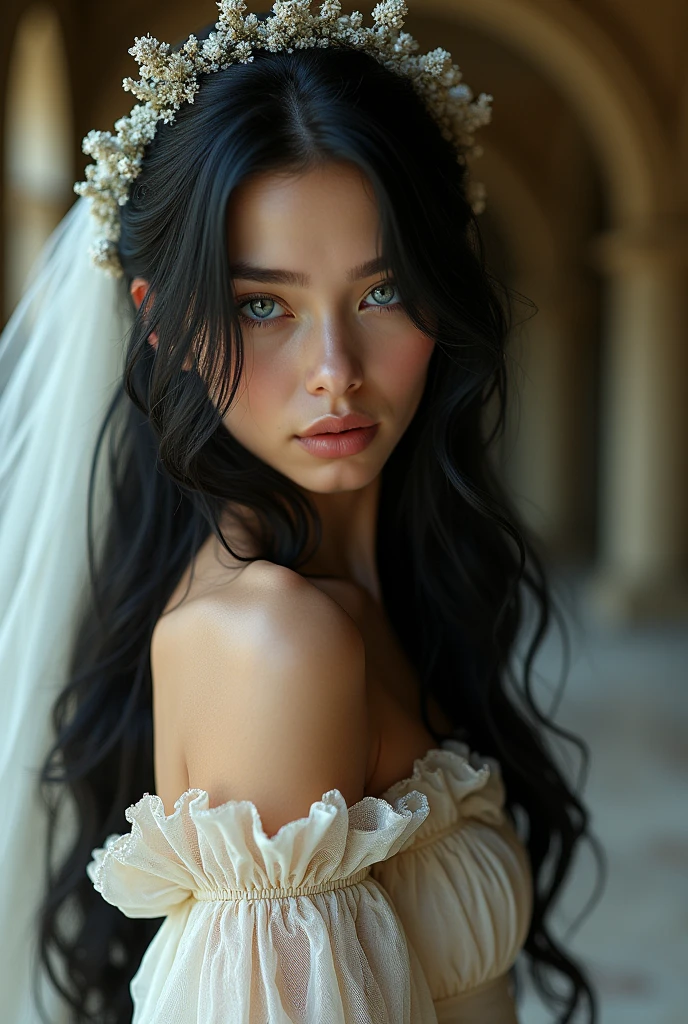 Young and beautiful woman, 22 years old, long black hair and light blue eyes. She is wearing an old wedding dress with a white veil. behind her a luxurious mansion in Italy. The expression on his arrogant face, highlighted by his blue eyes