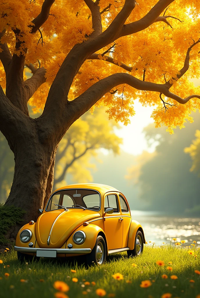 Yellow Volkswagen Beetle under a yellow ipê tree with grass underneath and a river on the side