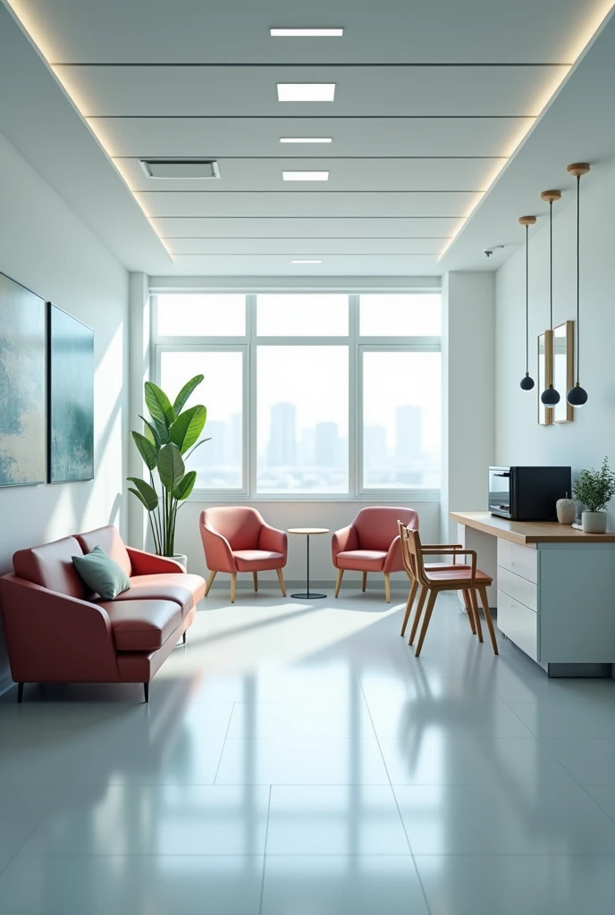 I need a simple drawing of the rest area in a clinical laboratory in which I have a sofa, a microwave, Chairs
