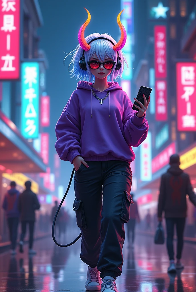 demon girl, rainbow colored halo,white and blue hair ,silver cross necklace,Sunglasses, purple sweatshirt, black cargo pants,WHITE TENNIS, helmet headphones, holding her cell phone, walking through a big city at night