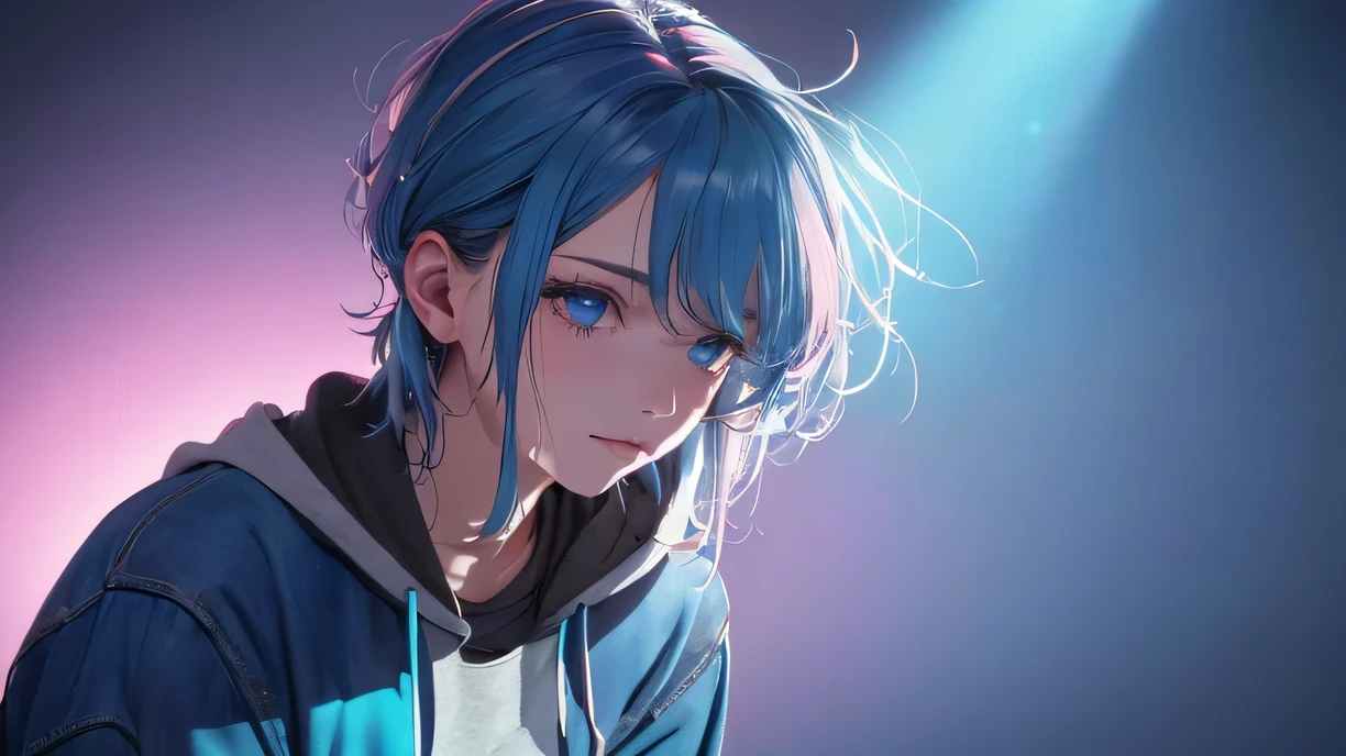 (Highest quality, 4K, 8k, Tabletop:1.2, Ultra-high resolution, Realistic:1.5), RAW Photos, One Girl, In the Dark, Deep Shadow, Low lighting, Cool tones, Long Hair, Tied Hair, Subtle highlights, Dramatic contrast, (Dynamic Angle), ((1 female teen)), ((Plain background)), ((Flat Color)), (Dress code: Omotesando street fashion), (jeans), Looking at the audience, Upper Body, Transparent Background, High Contrast, Contrasting colors, Cowboy Shot, Pale pink and blue lighting, Light blue hair, Small star-shaped earrings in both ears, watch, bright eyeshadow, R-18, The upper body is wearing a hoodie, (Wearing a hood), (Hair is not sticking out from the hood), (No hair sticking out of the hood), Harajuku Fashion