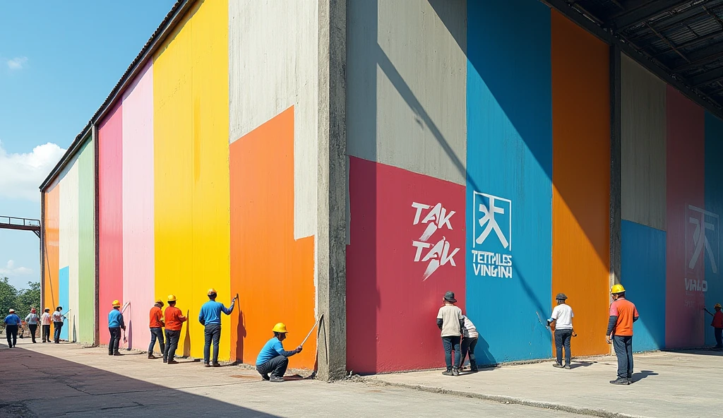 Vietnamese people painting the walls of a large factory building. The TAK TEXTILES VINA logo is painted on the wall. Building a sewing factory. 