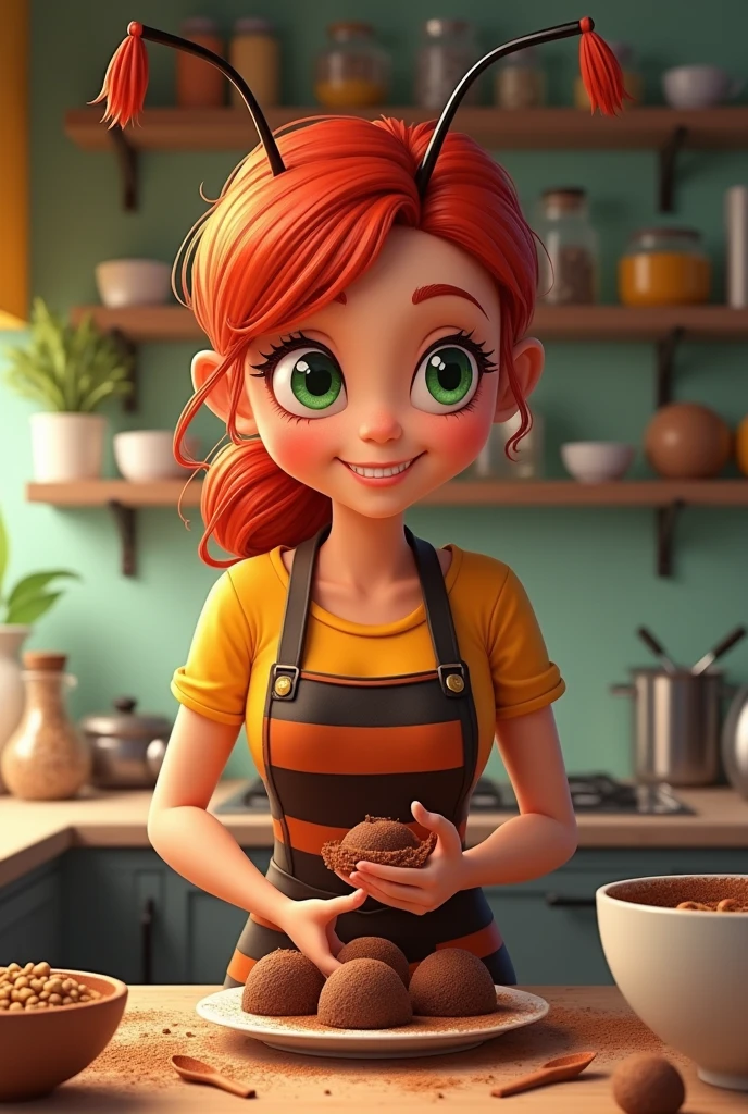 friendly female confectioner with red hair and green eyes, dressed as an ant making brigadeiro