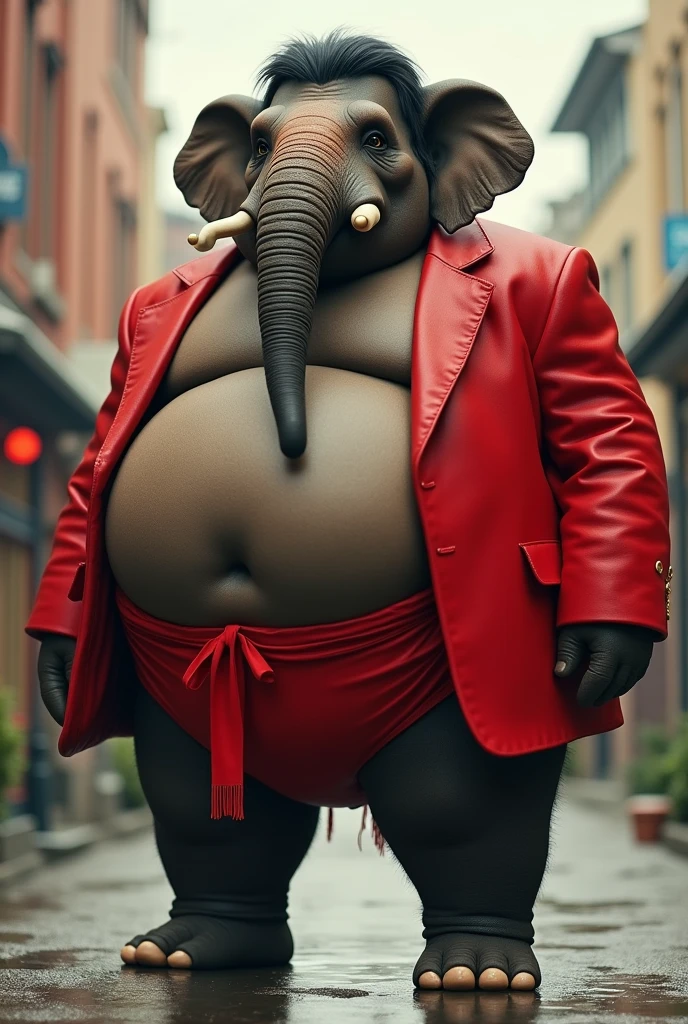 Generates a very fat and obese anthropomorphic dark brown elephant , He has medium black hair, He wears a red mafia suit but a red Mawashi as his pants since he is a sumo