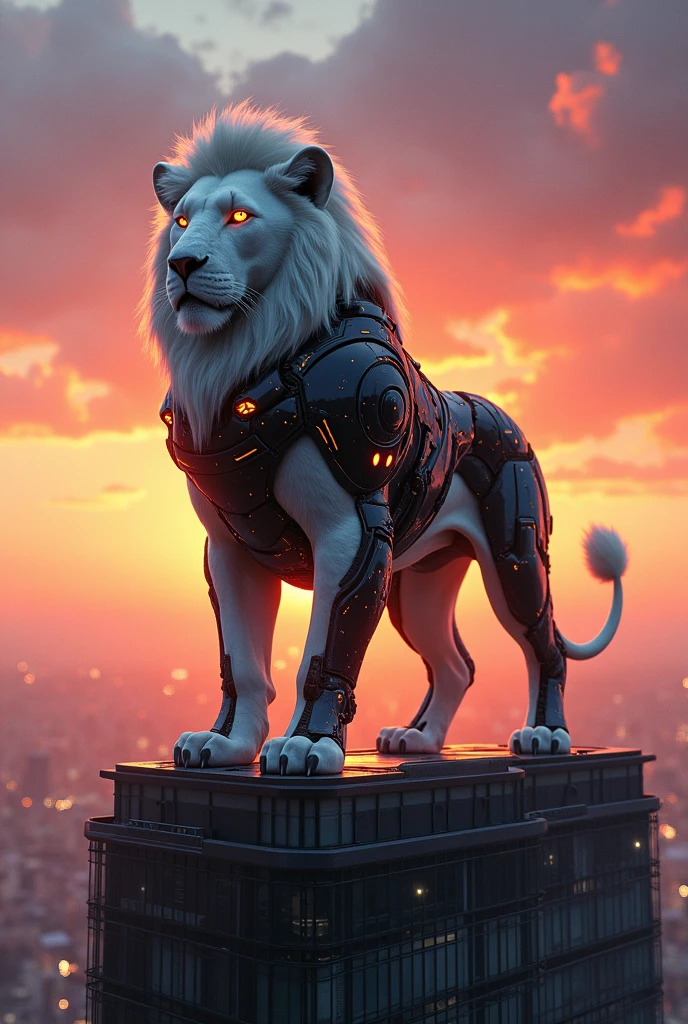 White lion with futuristic black armor standing on top of a building at sunset