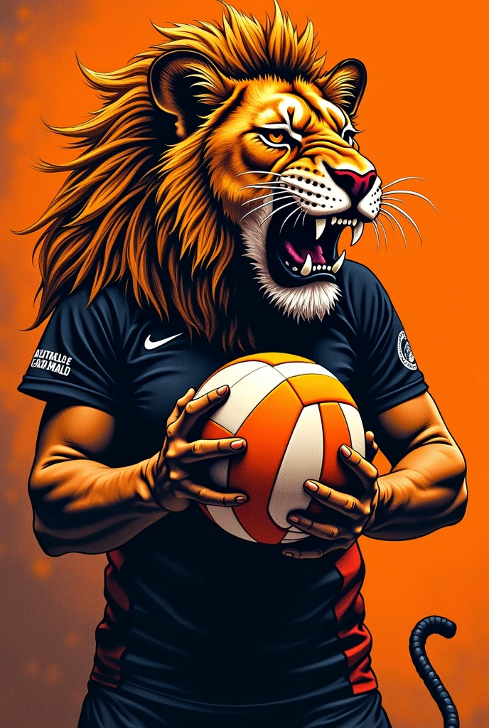 Women's volleyball team shirt orange and black with team name Review with print of a lioness biting a volleyball.