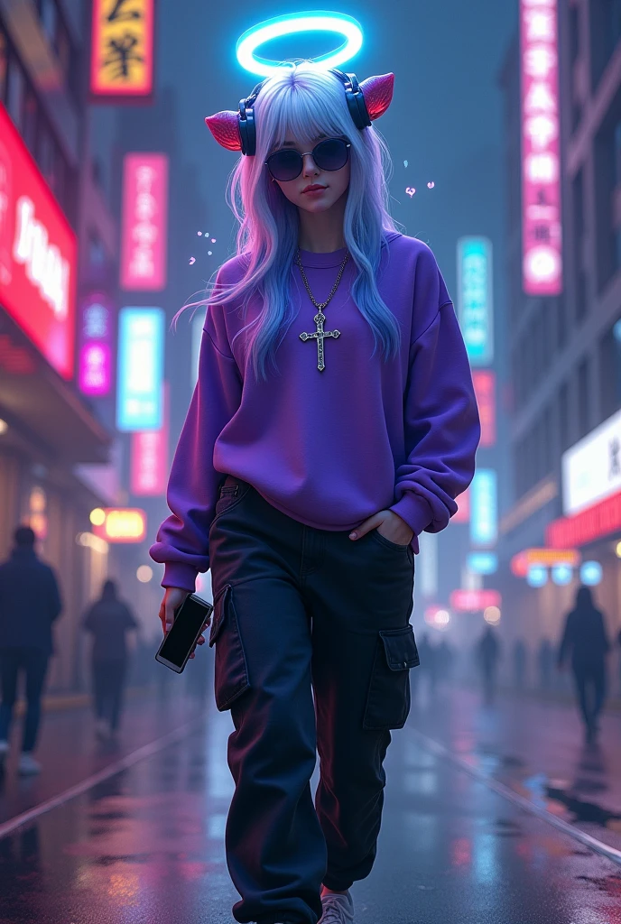 demon girl, Height 1.70 rainbow colored halo,white and blue hair ,silver cross necklace,Sunglasses, purple sweatshirt, black cargo pants,WHITE TENNIS, helmet headphones, holding her cell phone, walking through a big city at night