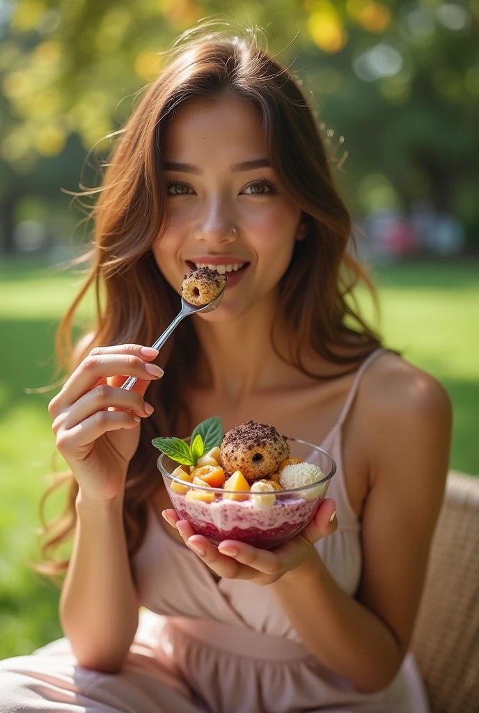 Beautiful woman aged 25 to 35, in park, salmonete, chestnut hair, brown eye eating acai with sweets Satellite image, backlighting, ultra HD, high qualiy, best qualityer, high resolution, 8k, 16K