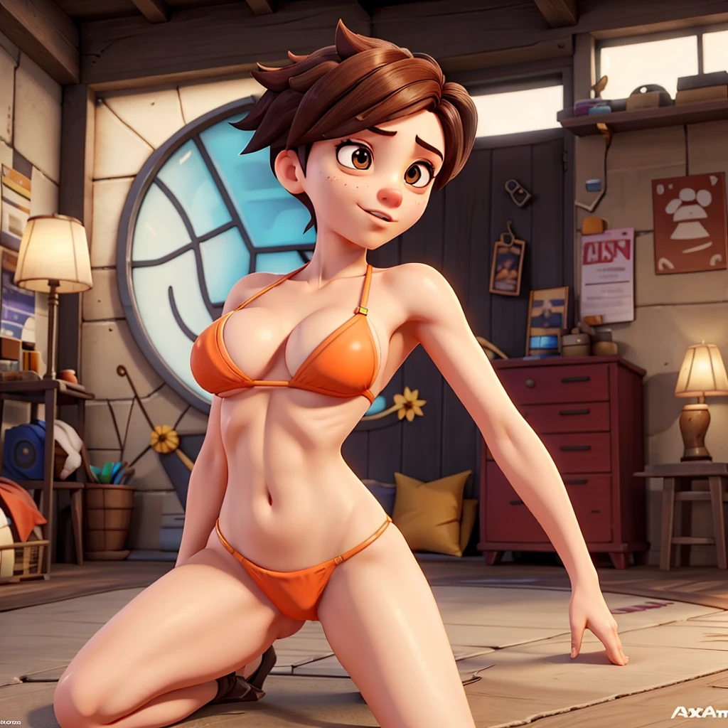 Tracer the Overwatch, with a very small orange bikini, in a sexy position, On knees, con las piernas abiertas con ambos arms levantados enseñando las axilas, emphasizing the armpits, abdomen, arms, his muscles and his clothes stick to his body, Her nipples and vagina should be emphasized, Your facial expression should be one of pleasure and lust. 