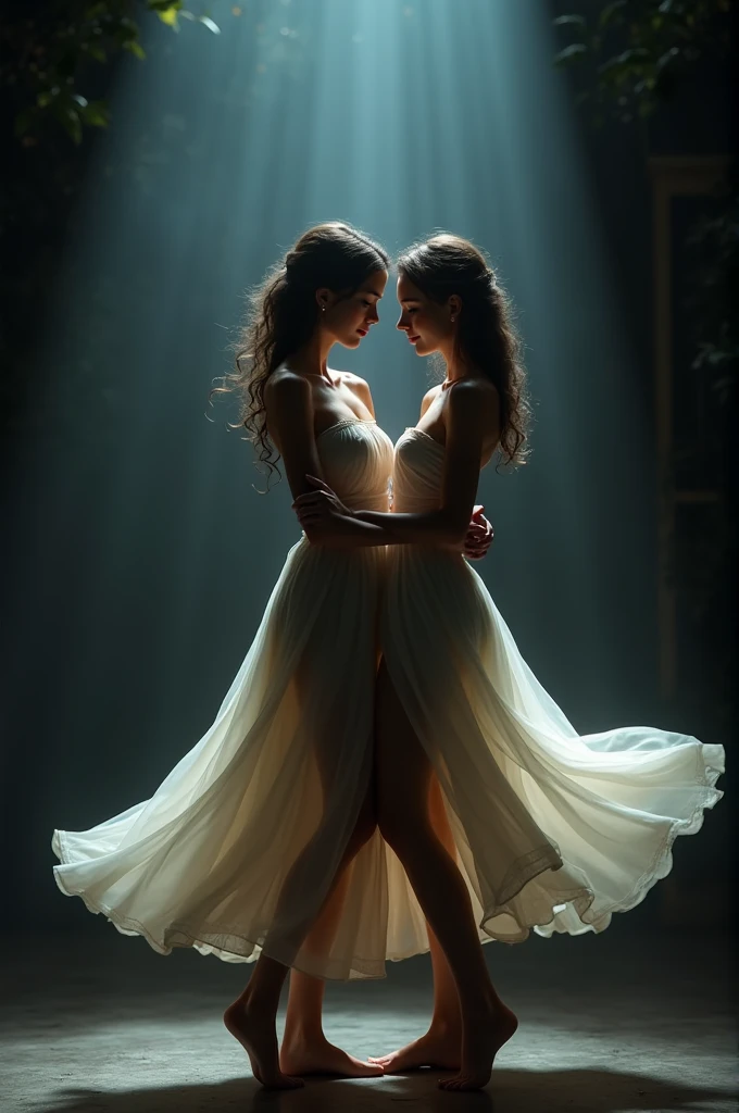 two women dancing in the dark