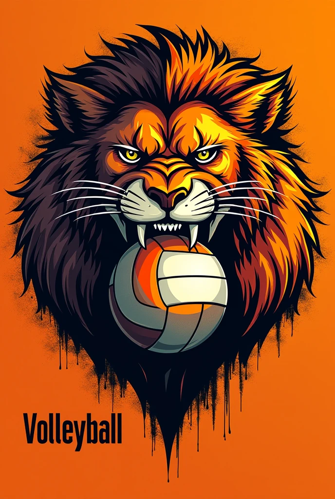 Women's volleyball team shirt orange and black with team name Review with print of a lioness biting a volleyball.