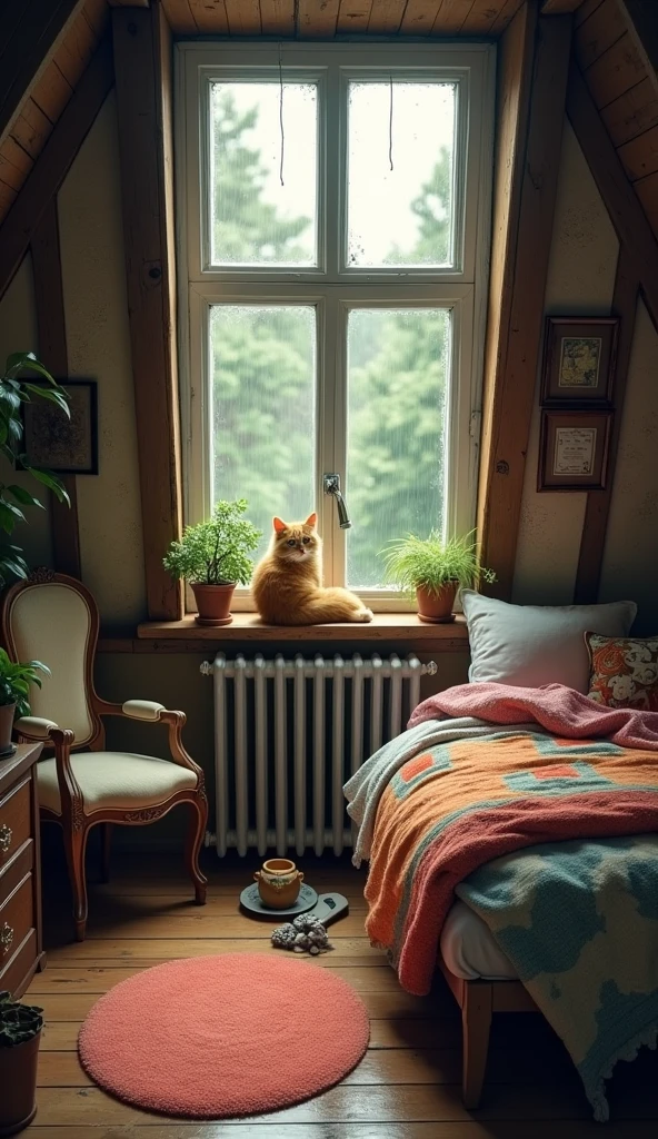 An attic bedroom with slanted ceilings and exposed wooden beams, where the rain softly taps against the skylights. The room is filled with cozy, mismatched furniture, including a bed piled with quilts and a vintage armchair. A cat curled up on the windowsill watches the rain, adding a touch of homely warmth to the serene, rainy ambiance.