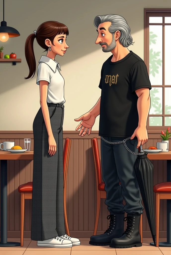 tall and thin woman, brunette teas, hair tied up in a ponytail, silver colored earrings, white collar blouse, wide grey trousers with black and white checks, counted in black, WHITE TENNIS. Tall thin man, brunette teas clara, big nose, medium long hair with gray, black pants with silver chains, black rock t-shirt, black boots and black umbrella. eating in a restaurant