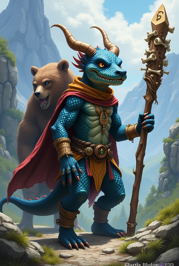 Create an RPG character, he is a kobold druid. Its scales are blue, the background resembles a mountain.
Make the character more humanoid and equip him with druid clothes.
Make him with his staff in hand Make the staff more magical He is a druid who enchants animals His appearance should be similar to a dragon He is small but fierce He has no wings His staff is that of a wizard, has the power of nature A big bear accompanies him His staff resembles polished wood Make him fierce He is a little taller His staff is made of ancient wood His scales have some touches of red His head resembles a crocodile His staff is magical and decorated with bones He has fangs He has no ears, has horns