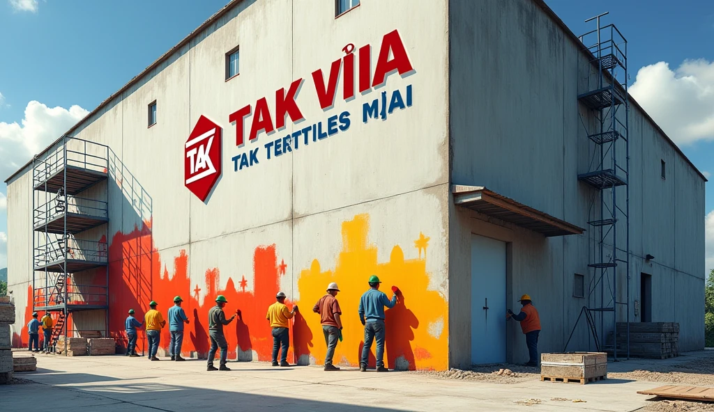 Vietnamese people painting the walls of a large factory building. The TAK TEXTILES VINA logo is painted on the wall. Building a sewing factory.