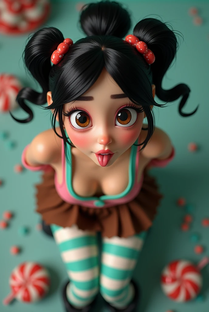 most beautiful Vanellope von Schweetz, real life cosplay, 20yo, on her knees, looking up at the camera, (most detailed beautiful half-closed eyes:1.2), slight smirk, passionate, desire, perfect mouth open, in position as if trying to catch raindrops that are not there on her tongue, (tongue covered in very thin runny clear glue, dripping down all over her bare ample chest:1.3), hands behind her back, sticking her breasts out to create a large area for the viewer to aim at, sitting on her feet, (viewer squirting long thin ropes of clear glue across her face and chest from below the field of view:1.3), perfect puffy nipples, shot directly overhead, gorgeous, very cute, most attractive, most arousing, sensual, intimate, alluring, lascivious, appealing, enticing, tempting, cosplay, pink hair bow, very short brown pleated skirt, oversize teal hoodie with hot pink drawstrings, tight teal and white striped leggings, short black boots, candy-appearance hair accessories, shiny raven-black hair in a top ponytail with tendrils framing her face, rosy cheeks, most detailed hazel eyes, most beautiful detailed rounded face, button nose, attention to detail, very cute, most attractive,