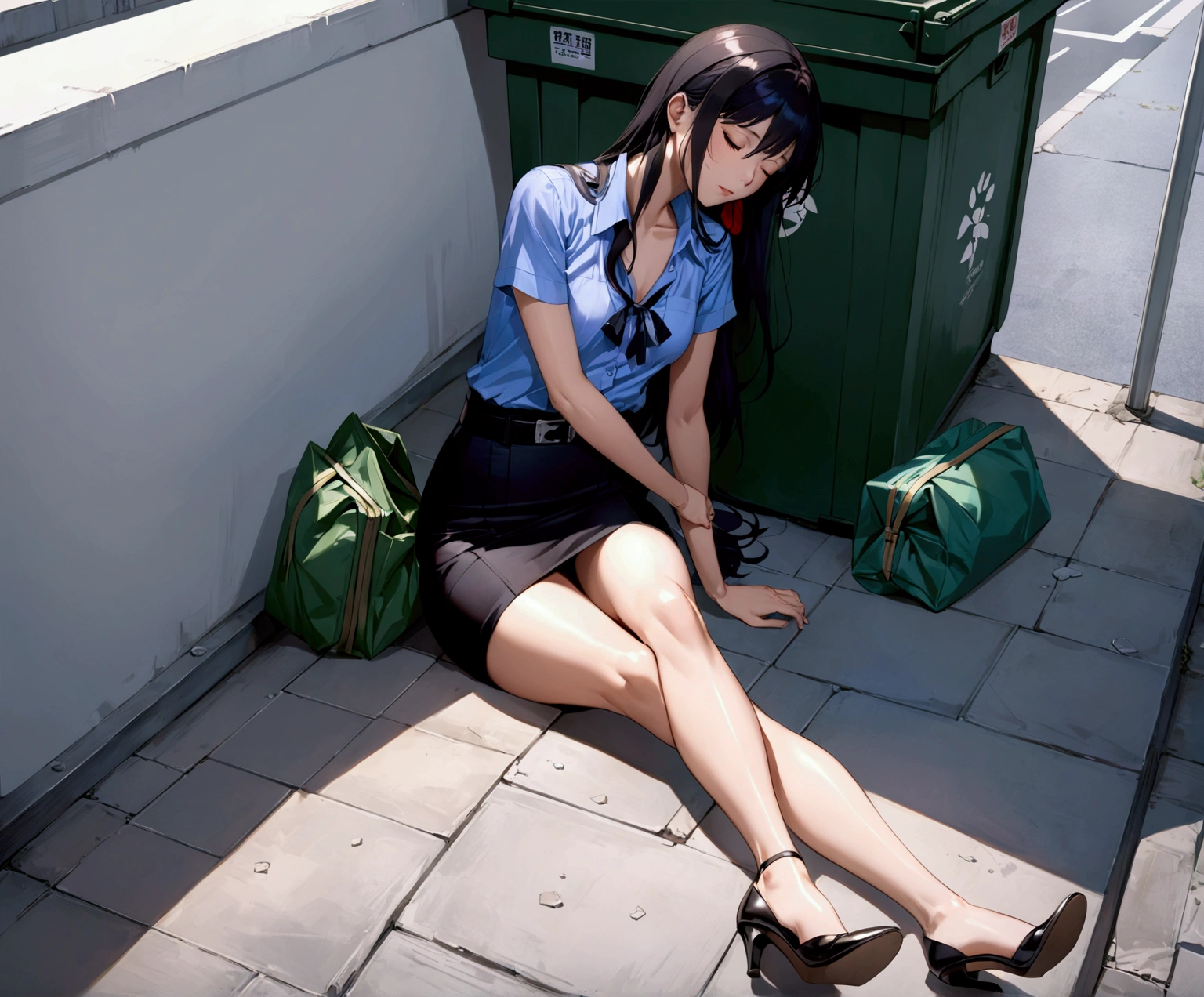 realistic anime illustration of sleeping beautiful office woman is sitting on ground near dumpster, her back is leaning against footbridge 's rail, her legs is spreading, closed eyes, her green bag on ground, BREAK, she is black long hair, wears pastel indigo-blue short sleeve collared unbuttoned top blouse, black pencil skirt with black belt, and black heels, (1girl, solo, full body), (masterpiece, best quality, japanese anime style), (expressive eyes, perfect face, perfect anatomy)