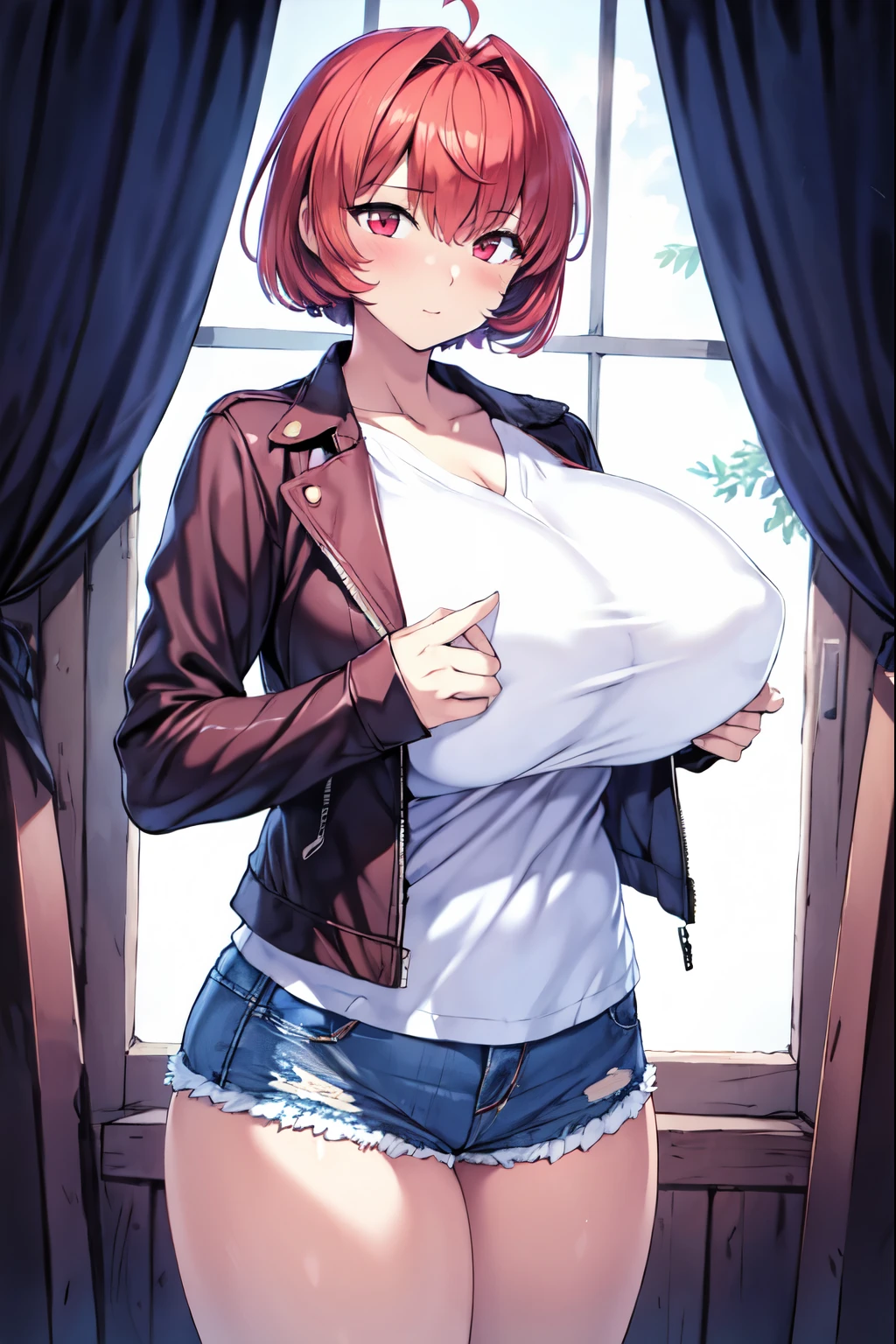 1girl, 独奏, red hair, short hair, red eyes, white shirt, large breasts, leather jacket, denim shorts,RAW Color,Clear images、dark color