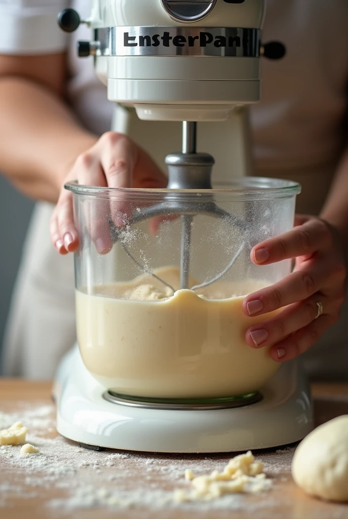Close-up of a blender in action, mixing a dough. The hands and the mixture are clear., conveying the idea of mastering the basic techniques.