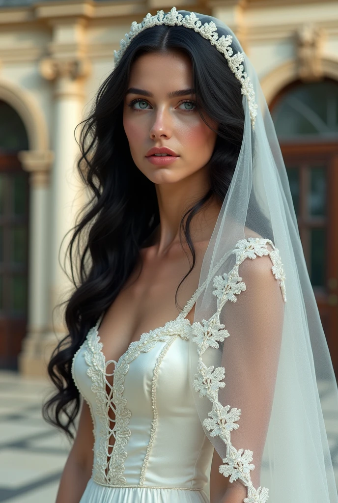 Beautiful Italian, 22 years old, long black hair and light blue eyes. She is wearing an old wedding dress with a white veil. behind her a luxurious mansion in Italy. The expression on his arrogant face, highlighted by his blue eyes