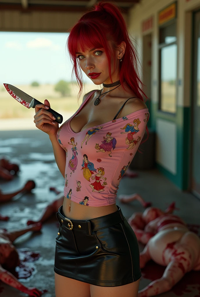 Seductive serial killer with red ponytail with side swept bangs, green eyes, and glossy red lips curled into a smile. A tight pink short sleeve shirt with Disney princesses on it and a leather miniskirt, doc marten boots. She is stabbing one of her victims with a serrated knife. Location is the inside of a gas station in the middle of nowhere. Bodies of sliced up shoppers litter the floor. Blood everywhere.