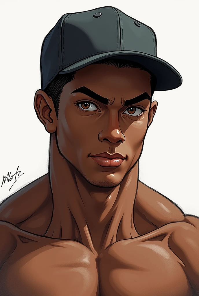 Drawing of a strong built boy, moreno, big, shiny eyes, with a cap and I have big but sparse eyebrows