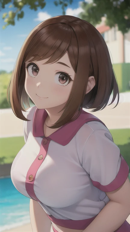 ochako uraraka,1girl,big breasts,highly detailed,extremely detailed,realistic,photorealistic,photo-realistic,8k,high resolution,masterpiece,(best quality,4k,8k,highres,masterpiece:1.2),ultra-detailed,(realistic,photorealistic,photo-realistic:1.37),anime,my hero academia,original anime costume,extremely detailed