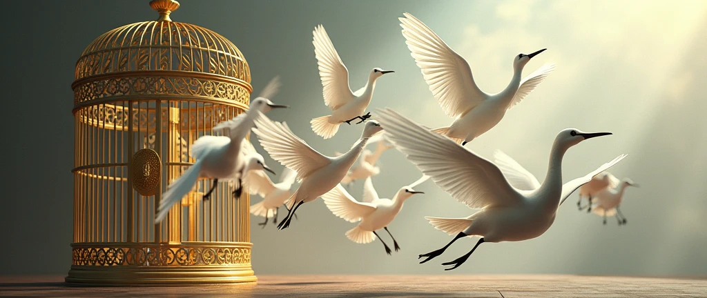 oiseaux qui s'echape d'une cage doré avec la porte ouverte et un cadnat casséet qui s'envole en deployant ses longue ailes blanche la cage est a gauche de l'image