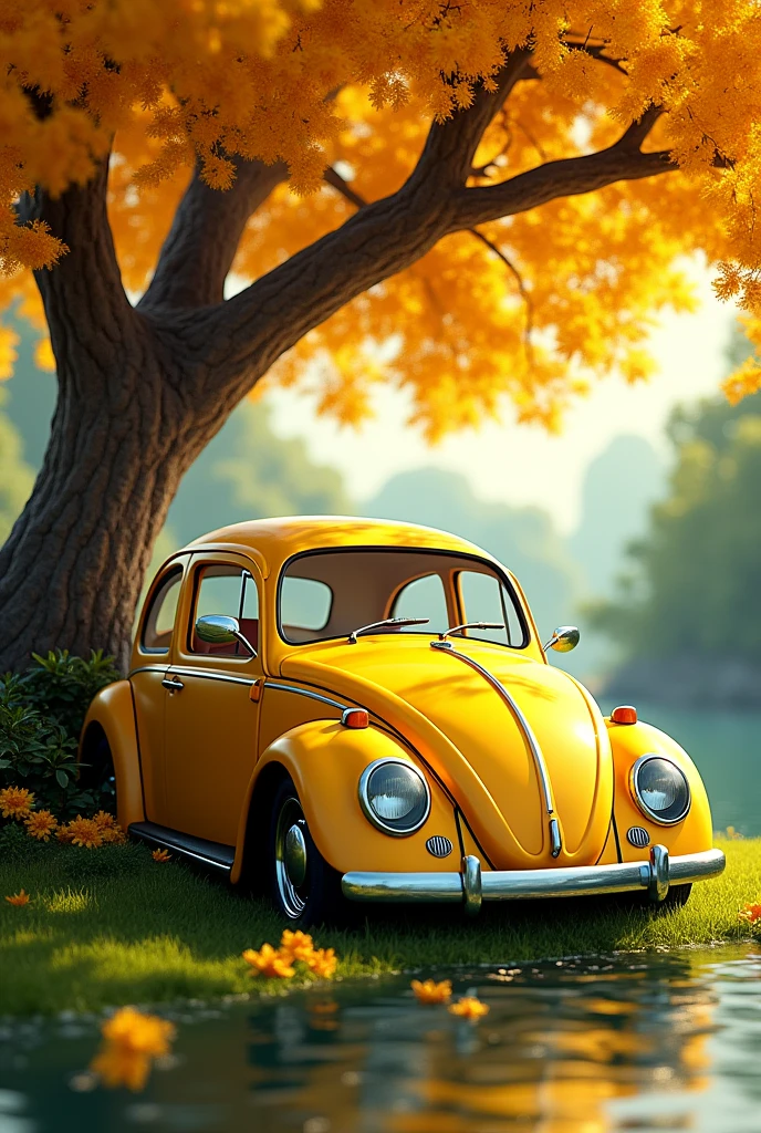 Yellow Volkswagen Beetle under a yellow ipê tree with grass underneath and a river on the side