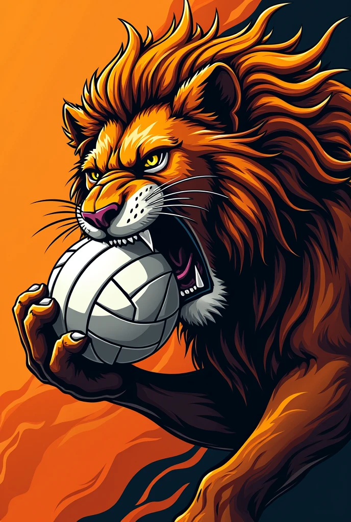 Women's volleyball team shirt orange and black with team name Review with print of a lioness biting a volleyball.